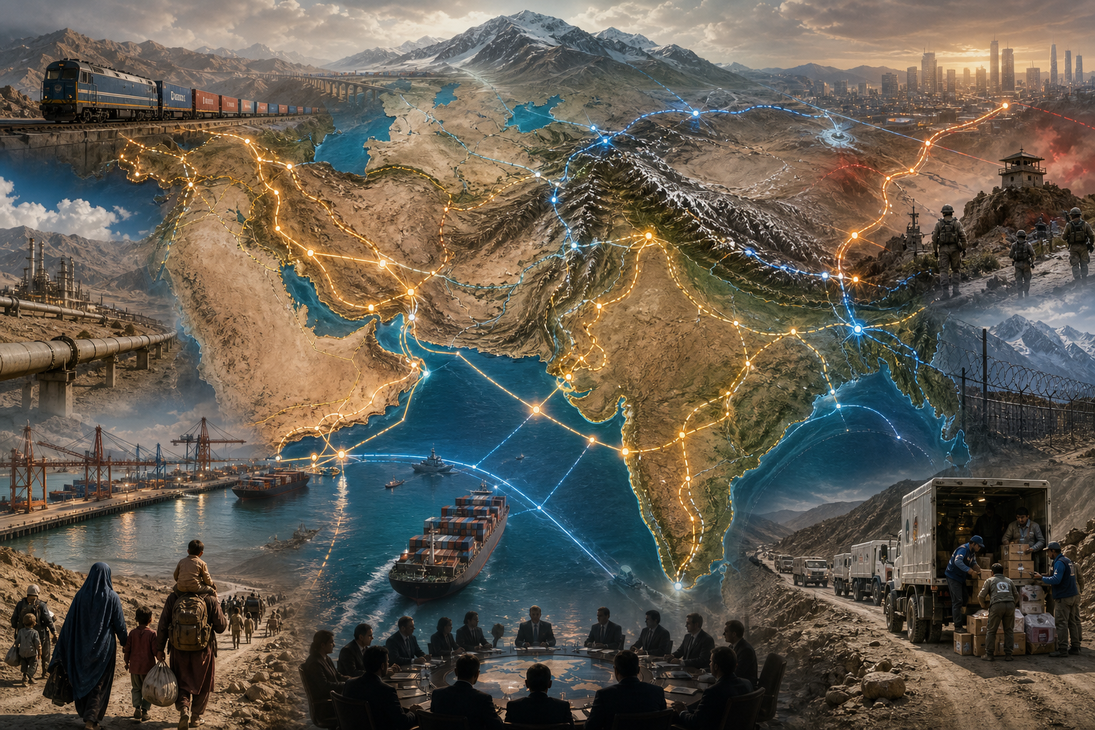 Illustrated map showing interconnected trade, transport, energy, military, and migration routes across Europe, Asia, Africa, and surrounding seas