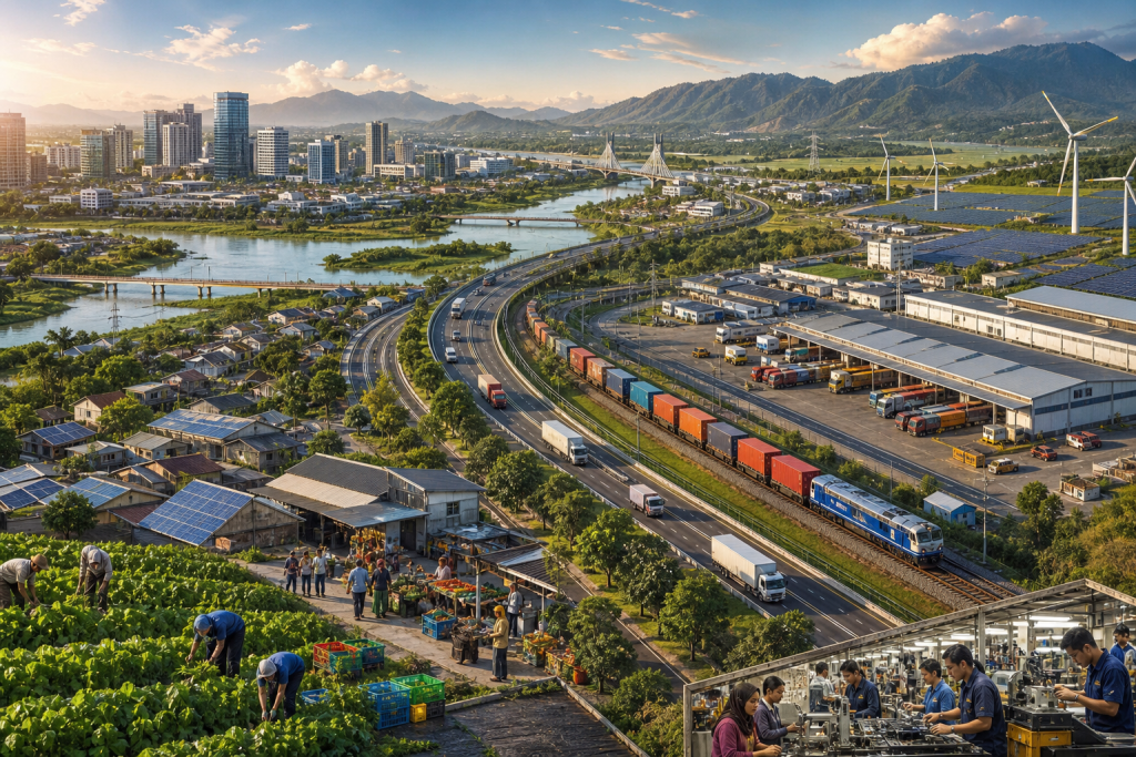 Integrated cityscape with urban farms, factories, highways, rail freight, solar panels, wind turbines, and mountain scenery