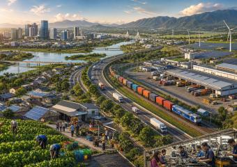 Integrated cityscape with urban farms, factories, highways, rail freight, solar panels, wind turbines, and mountain scenery