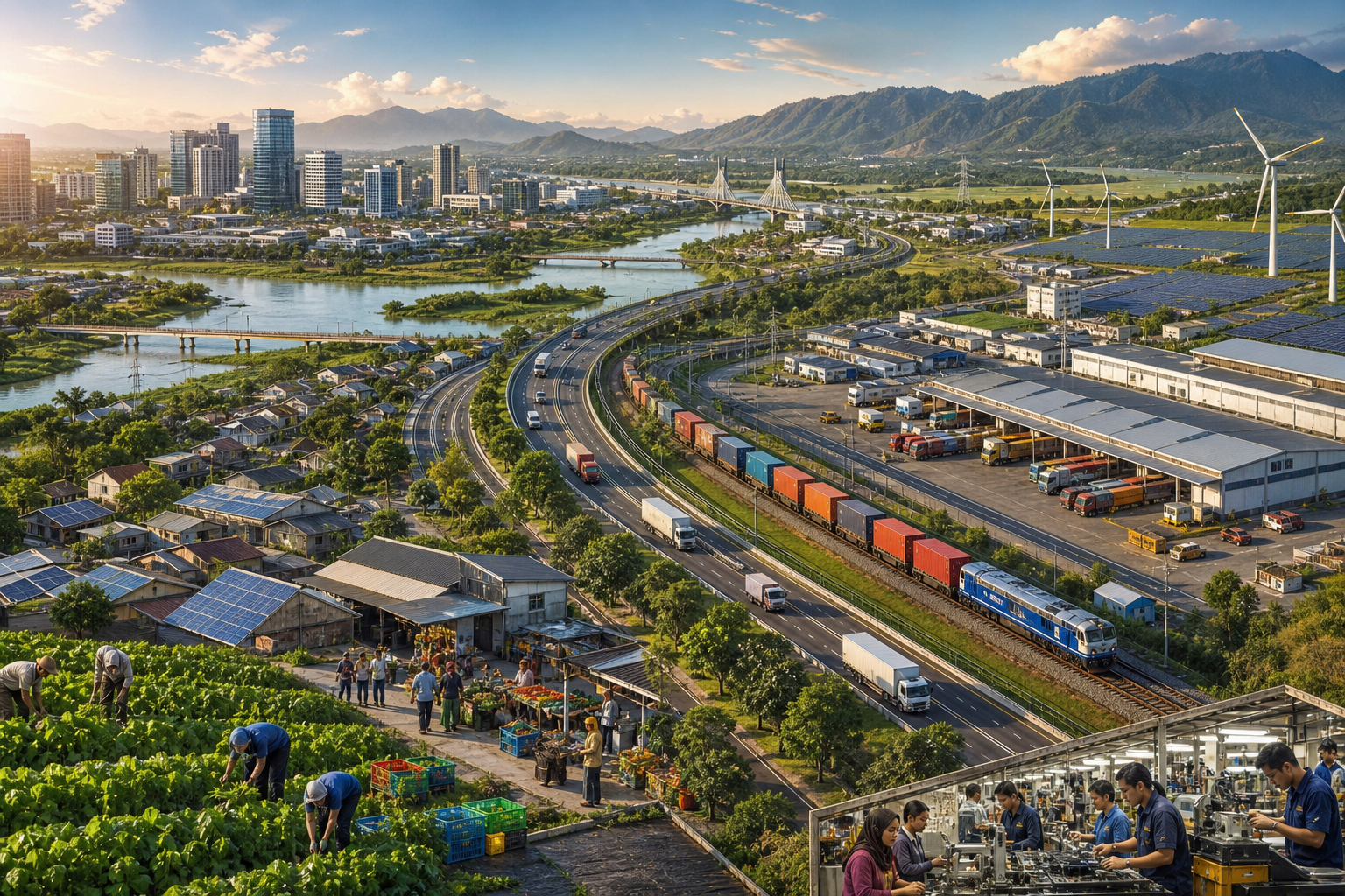 Integrated cityscape with urban farms, factories, highways, rail freight, solar panels, wind turbines, and mountain scenery