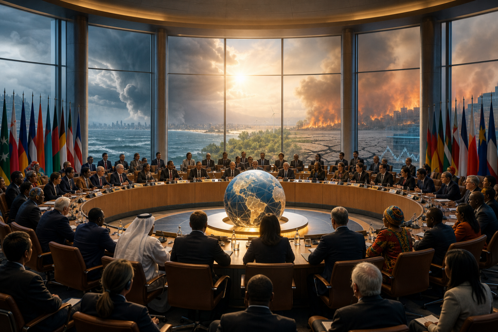 International delegates meet around a globe, surrounded by national flags and views of ocean, drought, wildfire, and cities
