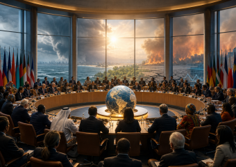 International delegates meet around a globe, surrounded by national flags and views of ocean, drought, wildfire, and cities