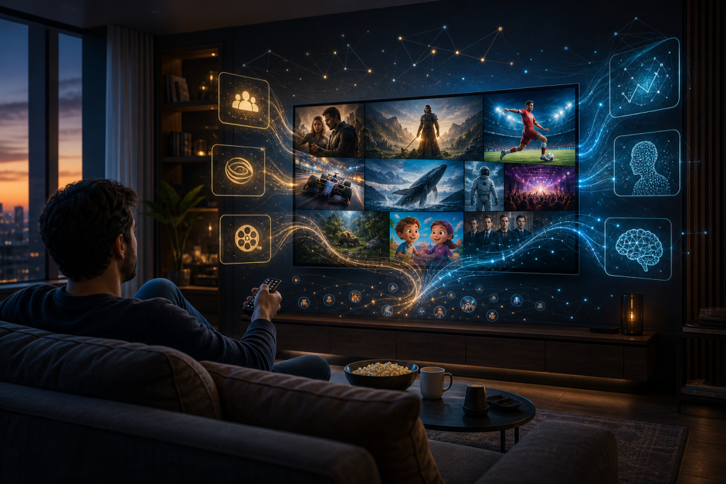 Man relaxing on a couch with a remote, watching a large screen displaying a collage of entertainment scenes and digital graphics