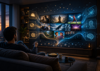 Man relaxing on a couch with a remote, watching a large screen displaying a collage of entertainment scenes and digital graphics