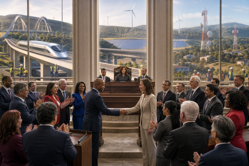 Officials applaud as two politicians shake hands in a legislative chamber overlooking a high-speed train, wind turbines, and solar panels