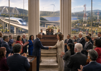Officials applaud as two politicians shake hands in a legislative chamber overlooking a high-speed train, wind turbines, and solar panels