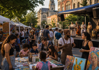 Outdoor art market with families painting, colorful artwork stalls, and musicians performing before historic buildings