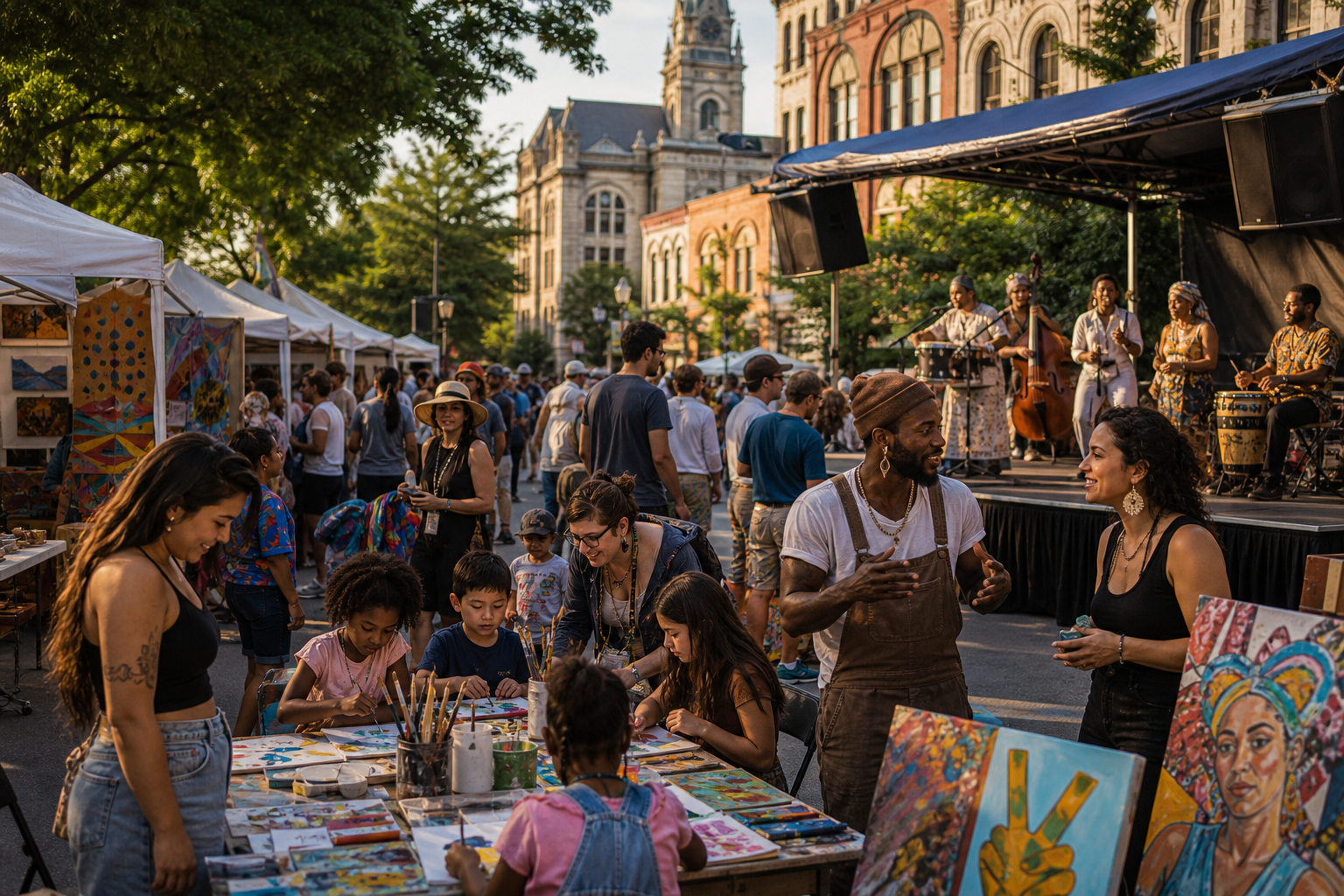 Outdoor art market with families painting, colorful artwork stalls, and musicians performing before historic buildings