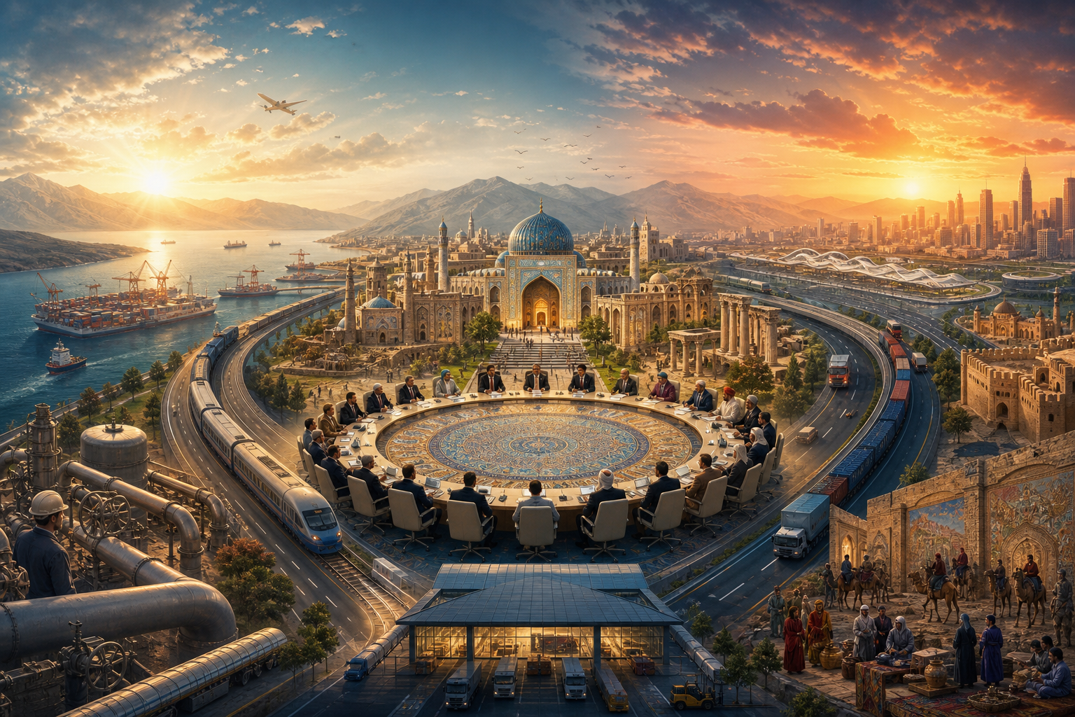 Panoramic cityscape with a domed mosque, roundtable meeting, port, highways, trains, industry, mountains, and a sunset skyline