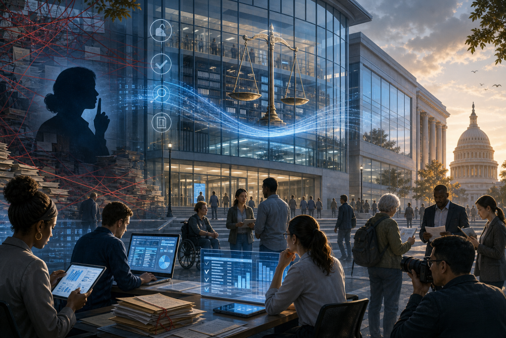 People examine documents and digital charts outside a modern civic building, with scales of justice and the U.S. Capitol behind them