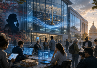 People examine documents and digital charts outside a modern civic building, with scales of justice and the U.S. Capitol behind them
