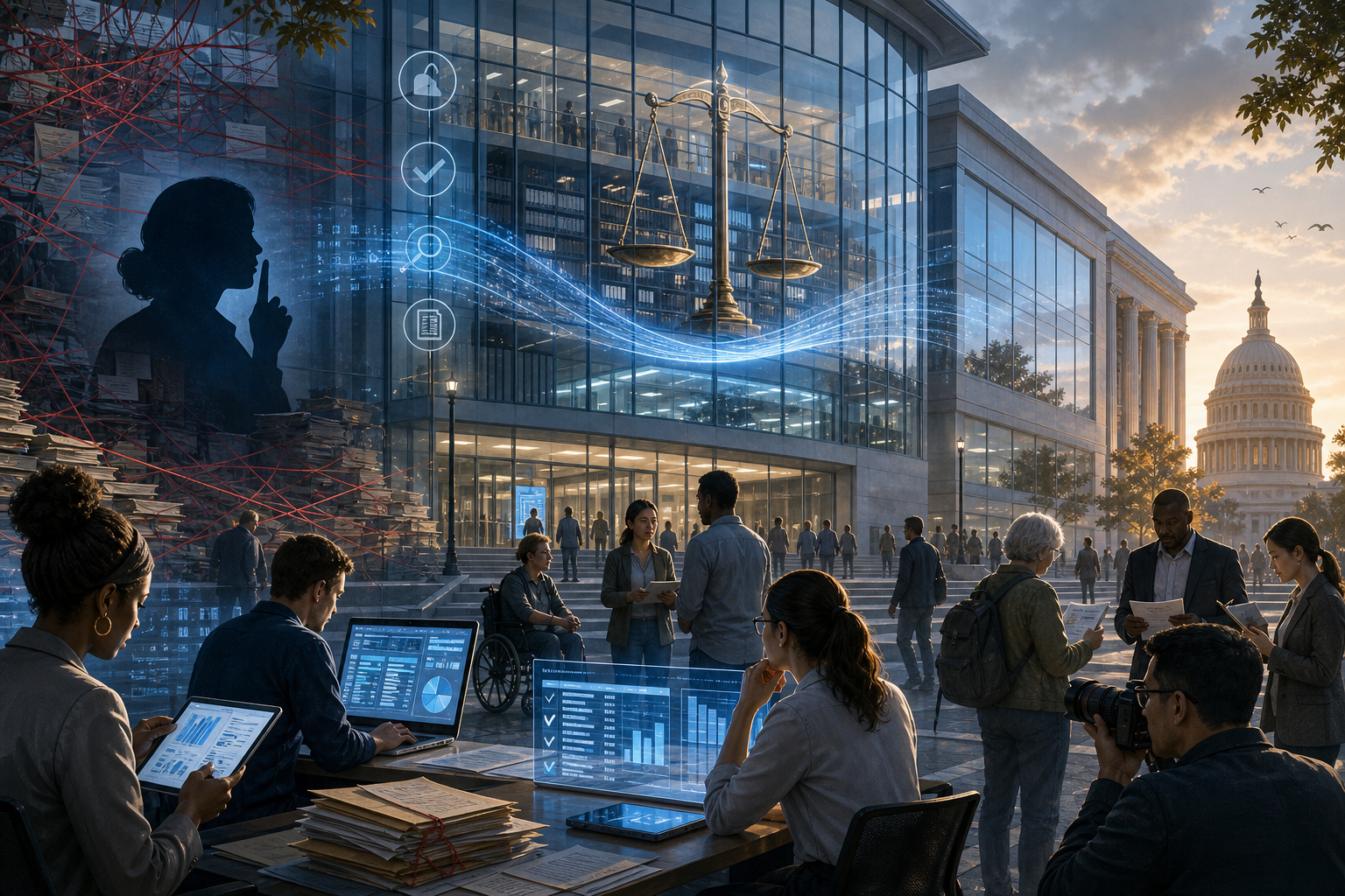 People examine documents and digital charts outside a modern civic building, with scales of justice and the U.S. Capitol behind them