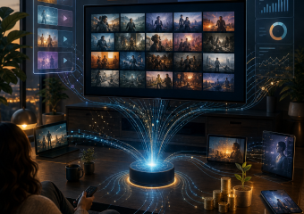 Person watching a television displaying a grid of cinematic scenes, with glowing data streams connecting multiple devices