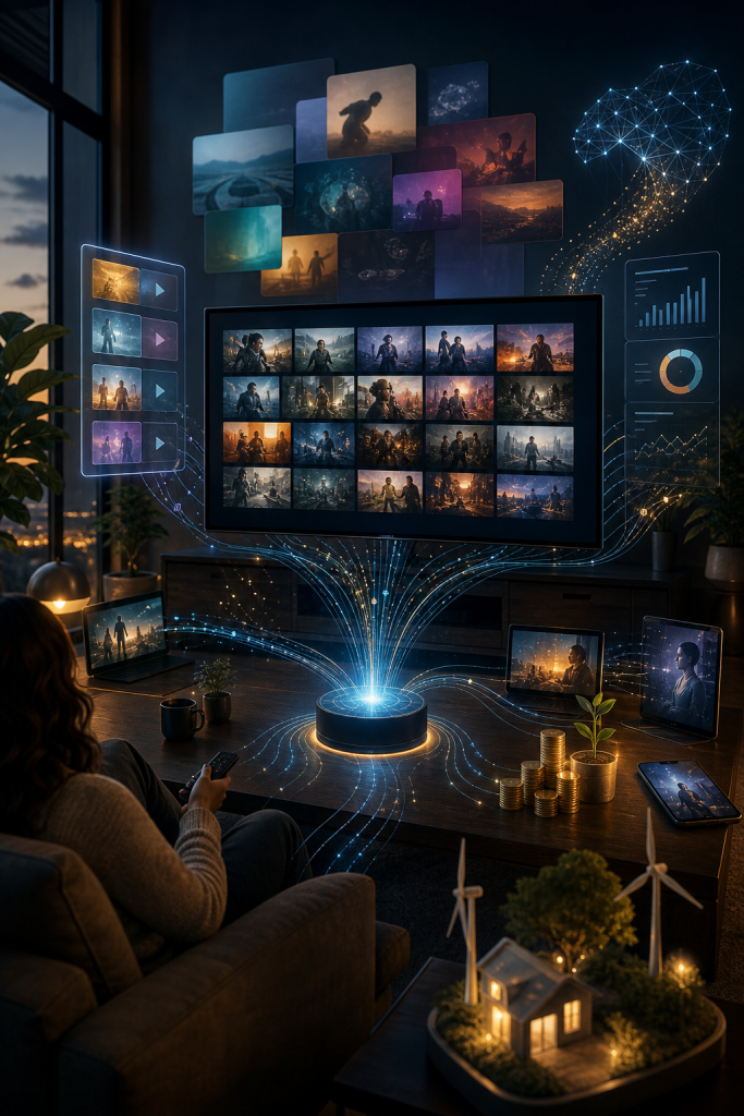 Person watching a television displaying a grid of cinematic scenes, with glowing data streams connecting multiple devices