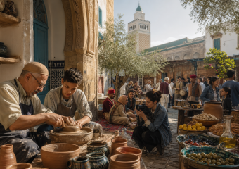 Potters work in a bustling market courtyard beneath a mosque minaret, surrounded by ceramics, produce, and shoppers