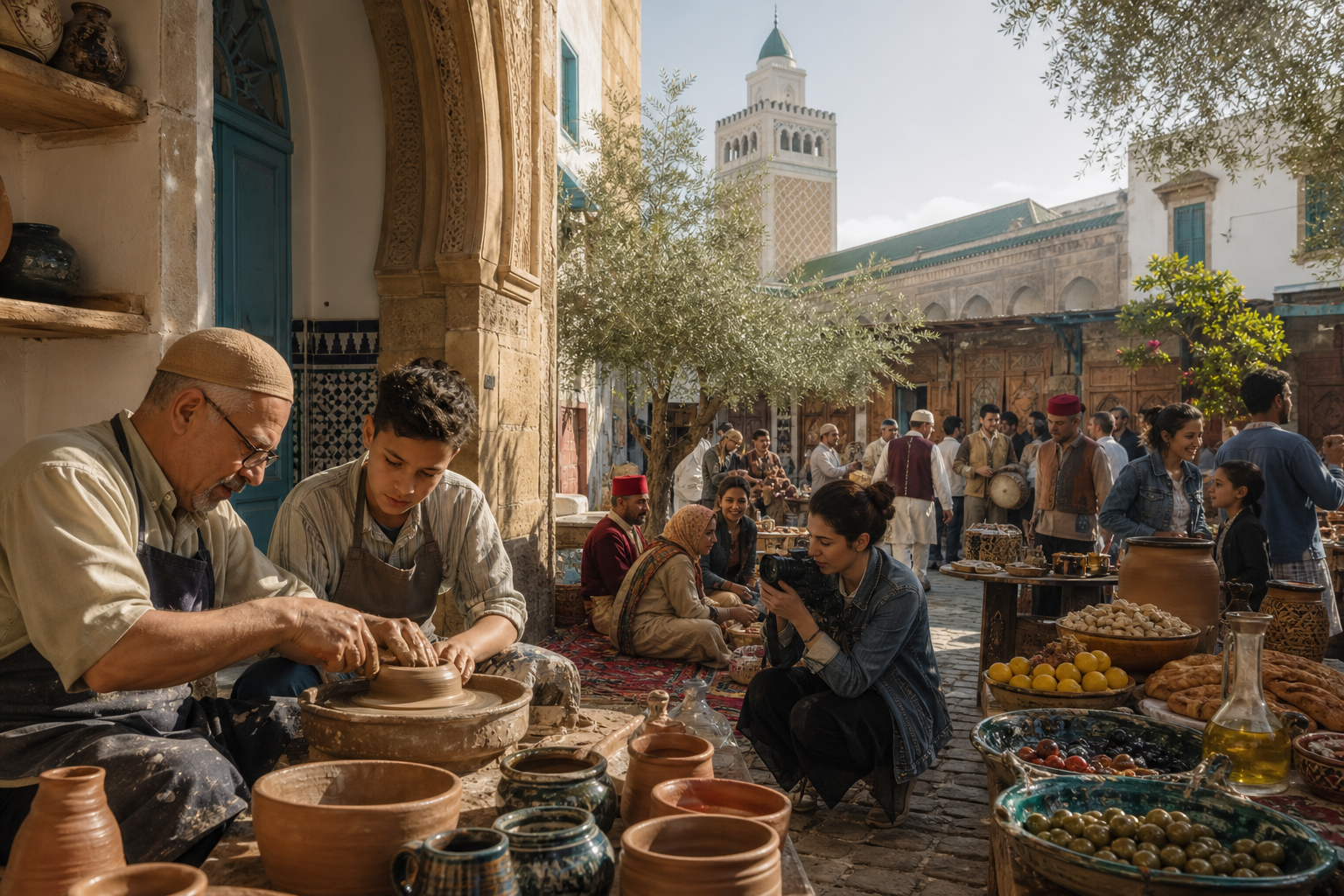 Potters work in a bustling market courtyard beneath a mosque minaret, surrounded by ceramics, produce, and shoppers