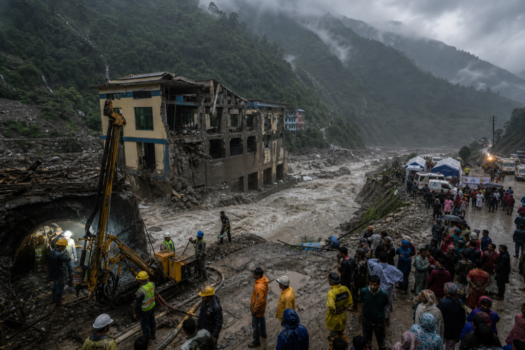 Rescue workers and onlookers gather beside a collapsed building and raging muddy flood in a misty mountain valley