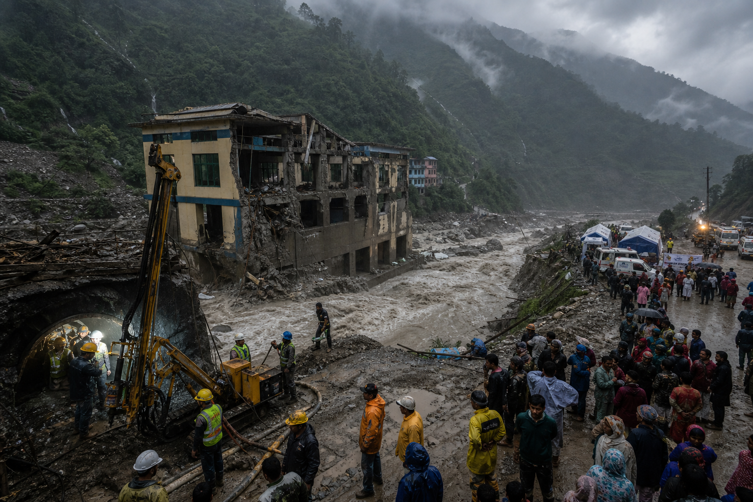 Rescue workers and onlookers gather beside a collapsed building and raging muddy flood in a misty mountain valley