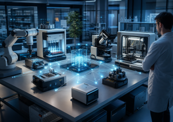 Scientist in a laboratory surrounded by robotic equipment, microscopes, and interconnected automated instruments