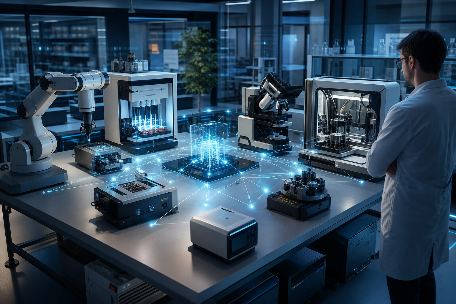 Scientist in a laboratory surrounded by robotic equipment, microscopes, and interconnected automated instruments
