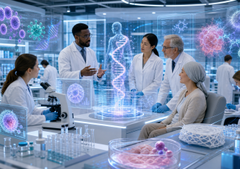Scientists discuss medical research with a patient in a high-tech laboratory displaying holographic DNA and cell models