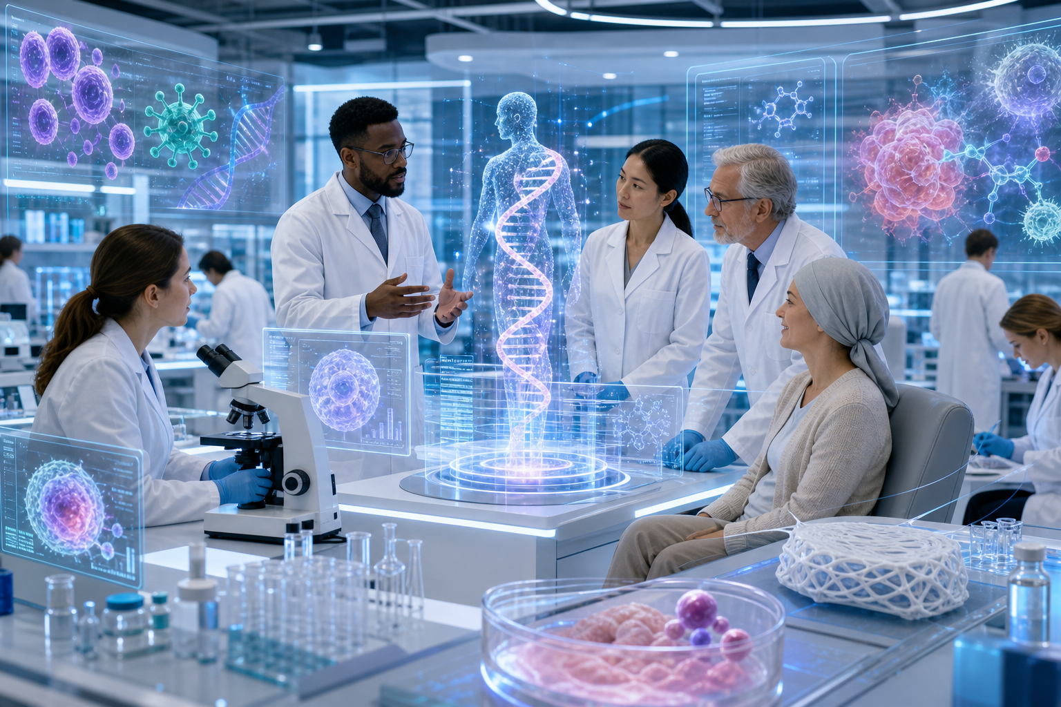 Scientists discuss medical research with a patient in a high-tech laboratory displaying holographic DNA and cell models