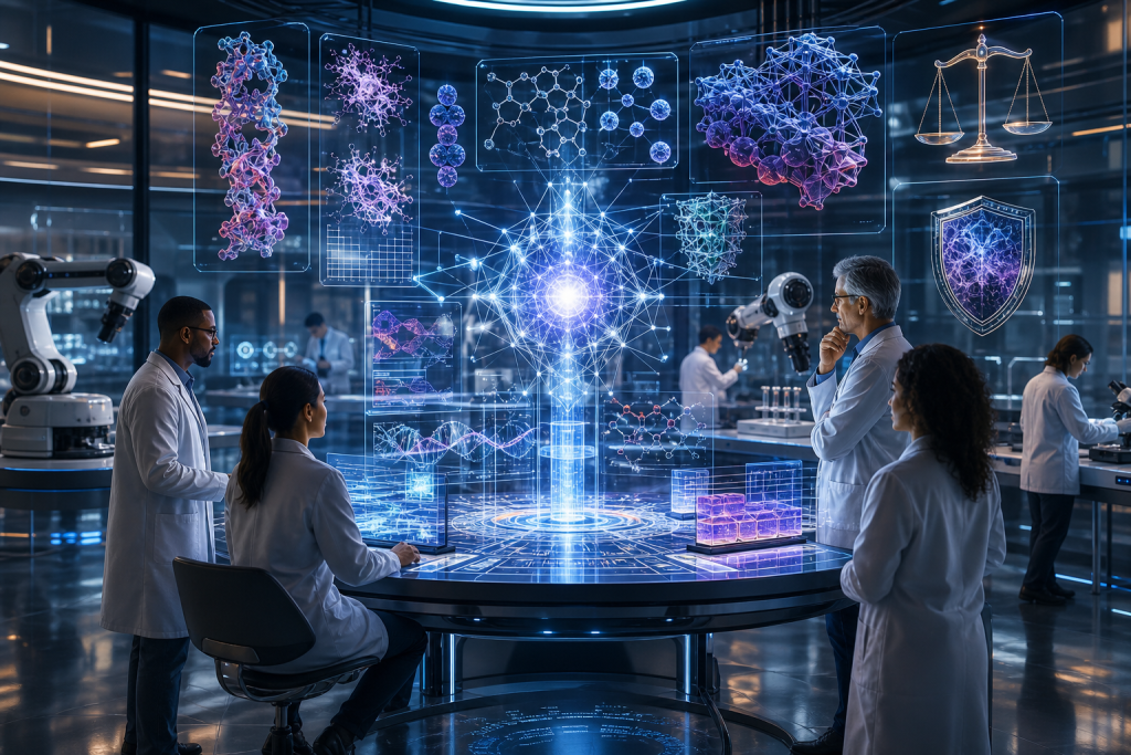 Scientists in a futuristic laboratory study holographic molecular models alongside robotic equipment