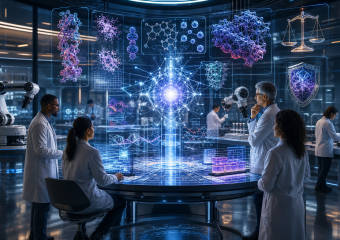 Scientists in a futuristic laboratory study holographic molecular models alongside robotic equipment