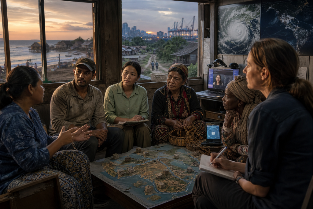 Six people discuss a detailed map in a coastal meeting room, with a hurricane image and city skyline visible behind them