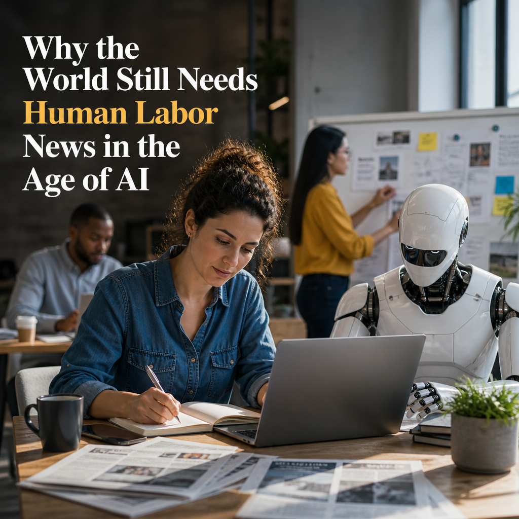 Woman working beside a humanoid robot in a modern office, illustrating the human role in AI-driven workplaces.