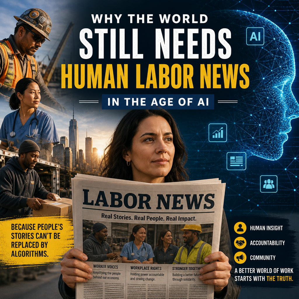 Diverse workers gather as a woman holds a “Labor News” newspaper, highlighting human labor’s importance in the AI age.