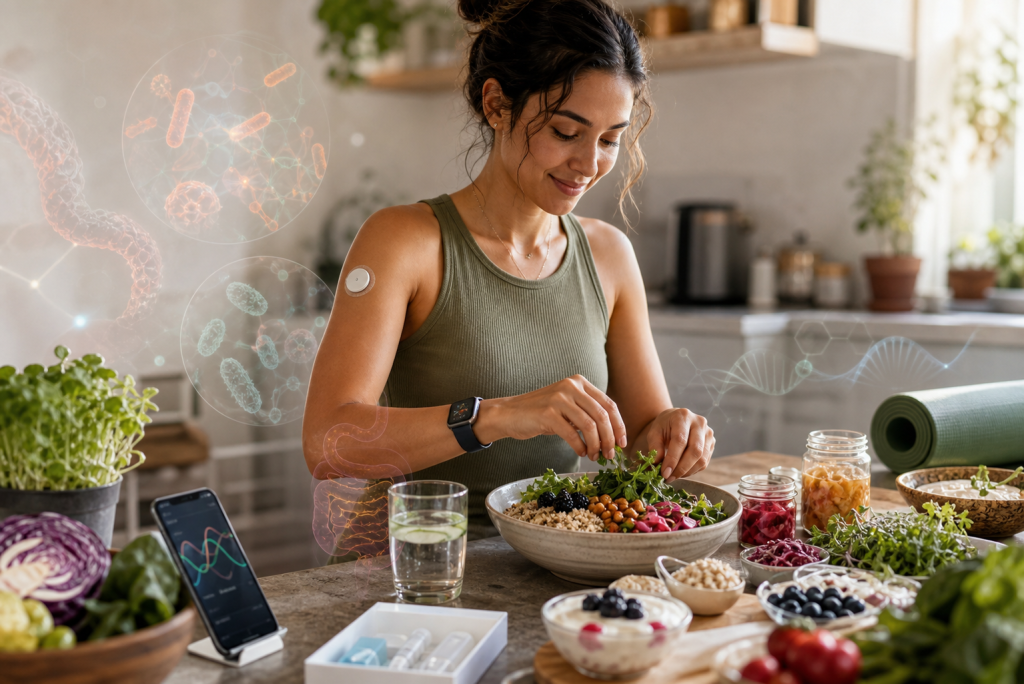 Woman preparing a salad while wearing a glucose monitor, with health-tracking graphics and nutritious foods around her