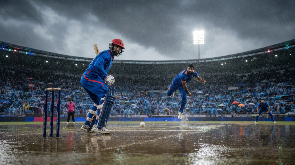 A cricket batsman faces a bowler on a rain-soaked field under stadium lights