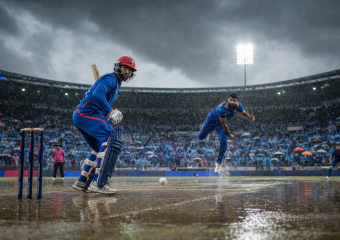A cricket batsman faces a bowler on a rain-soaked field under stadium lights