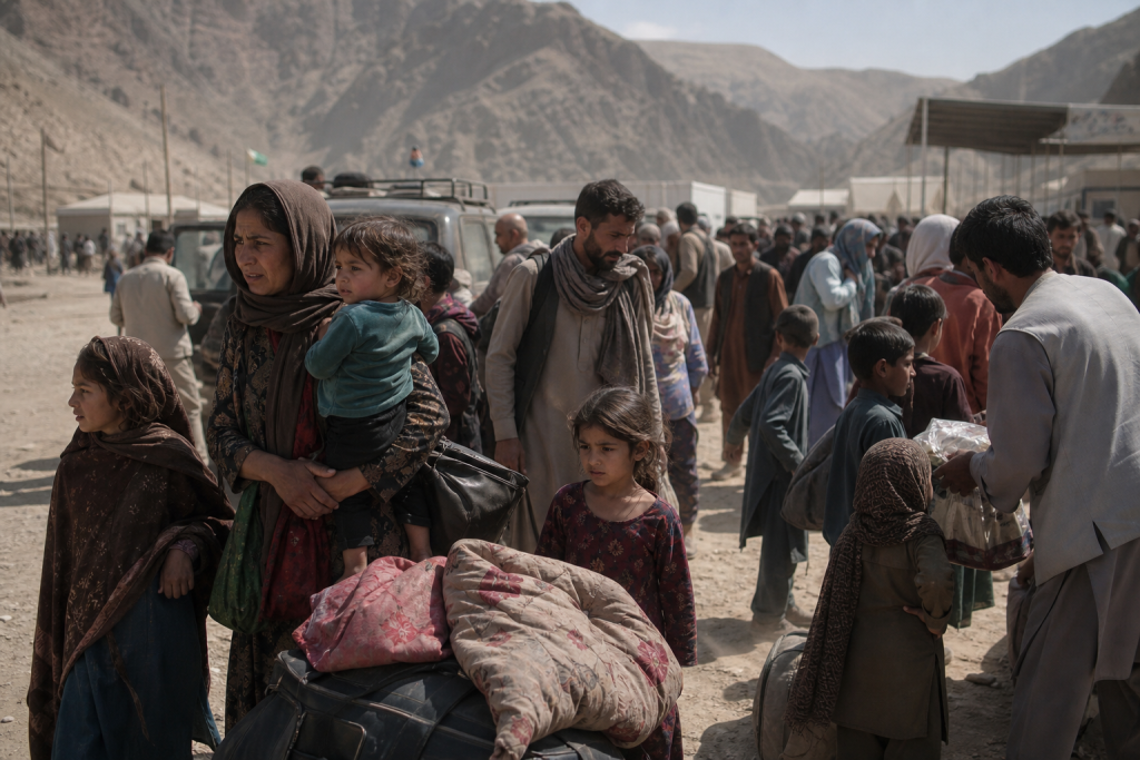 A crowd of families with luggage gathers in a mountainous border crossing