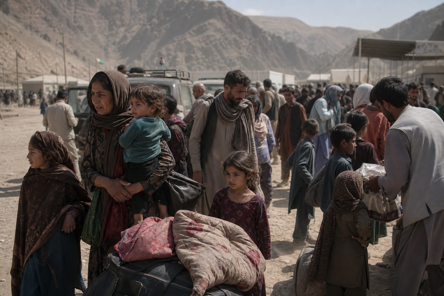 A crowd of families with luggage gathers in a mountainous border crossing