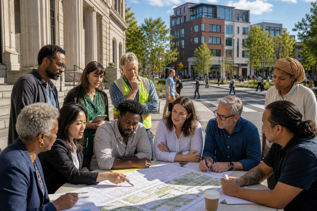 A diverse group of people reviews a large urban planning map around a table outdoors
