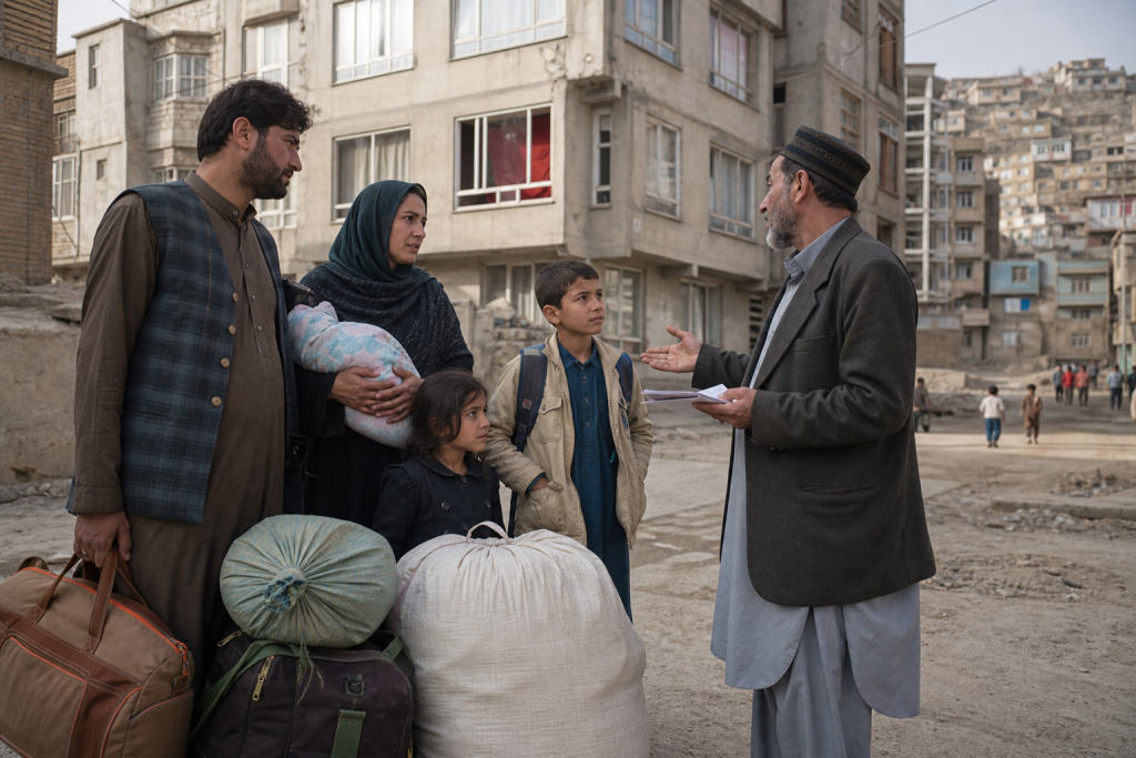 A family with luggage and bundled belongings speaks with a man in a dusty urban neighborhood