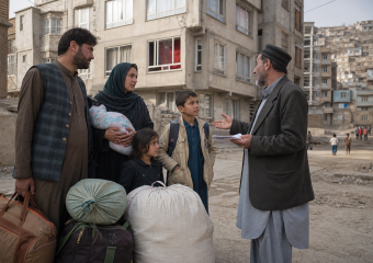 A family with luggage and bundled belongings speaks with a man in a dusty urban neighborhood