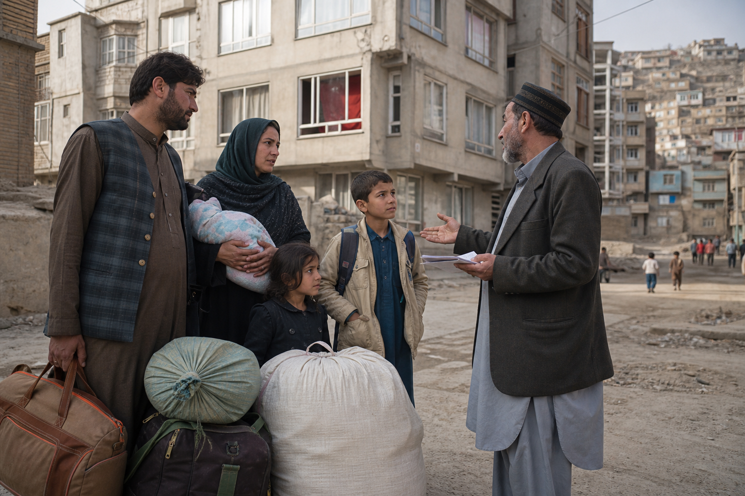 A family with luggage and bundled belongings speaks with a man in a dusty urban neighborhood