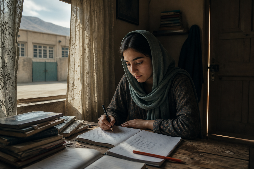A girl in a headscarf writes in a notebook at a table surrounded by books