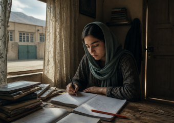 A girl in a headscarf writes in a notebook at a table surrounded by books
