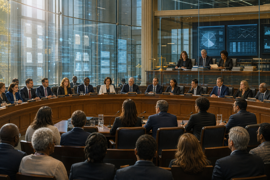 A large panel of officials and attendees convenes in a formal hearing room with digital documents and charts displayed behind them