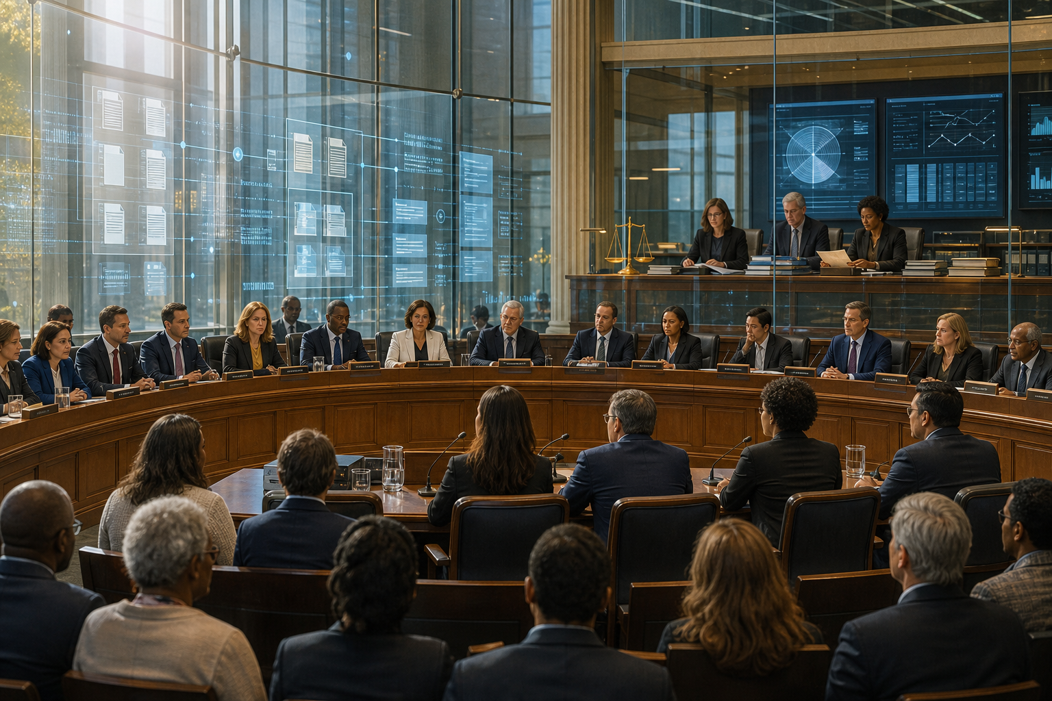 A large panel of officials and attendees convenes in a formal hearing room with digital documents and charts displayed behind them