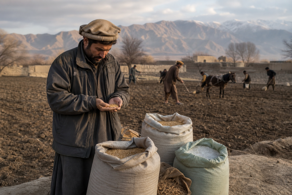 A man holds grain beside sacks of grain in a field, while others work with a horse against a mountain backdrop