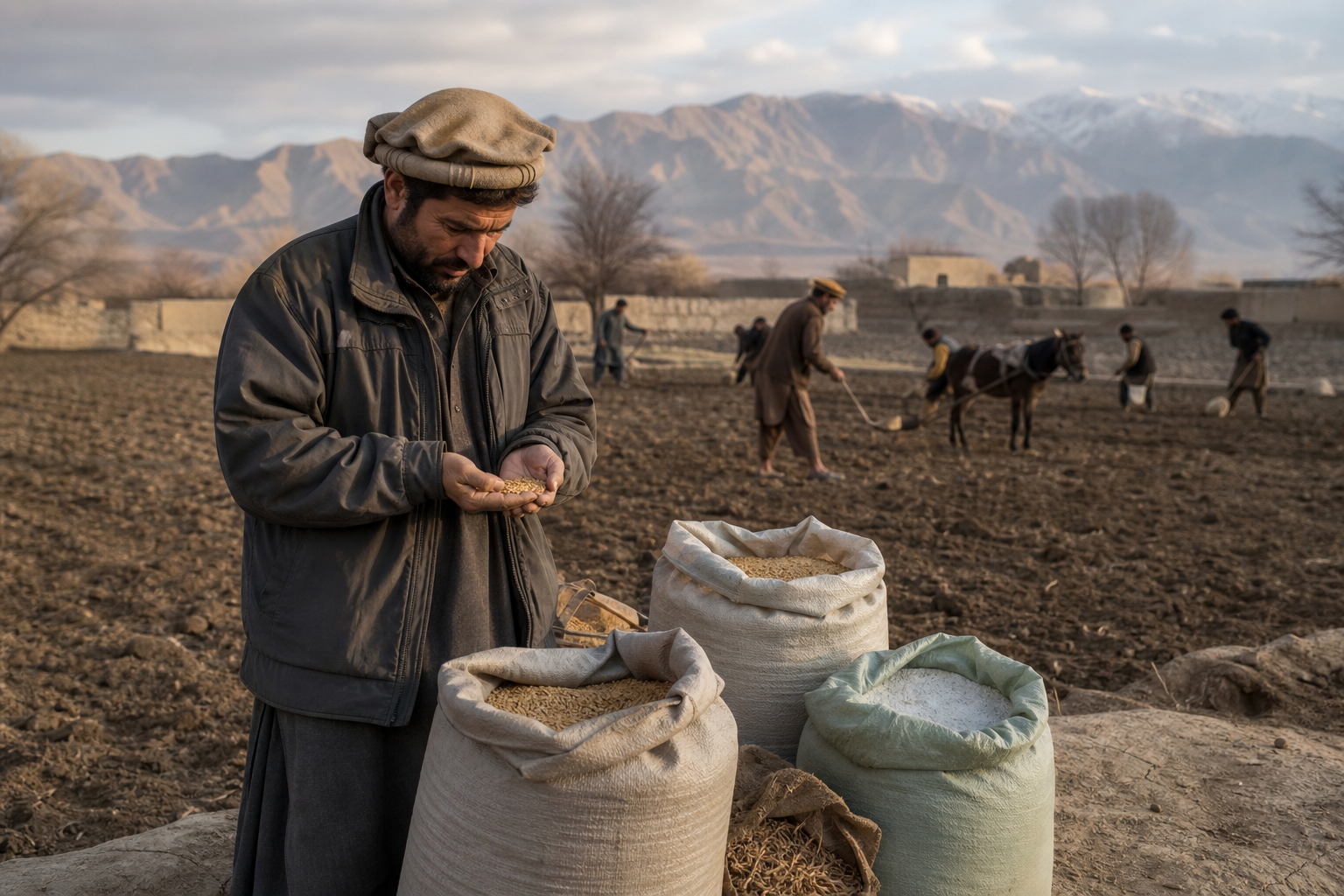 A man holds grain beside sacks of grain in a field, while others work with a horse against a mountain backdrop