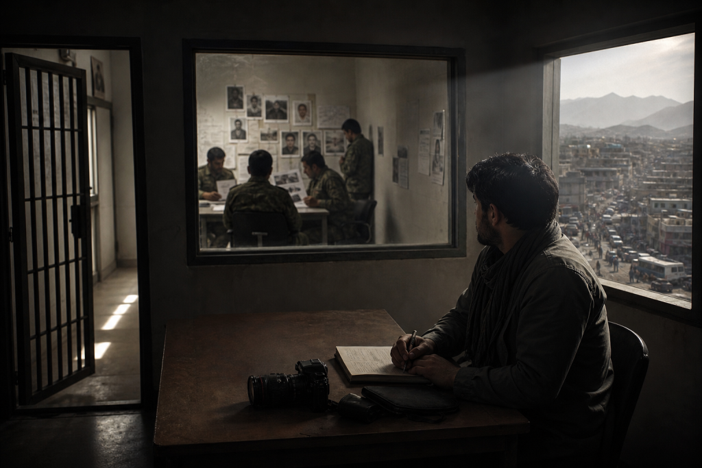 A man writes at a desk beside a camera, while several uniformed people meet in a room behind him