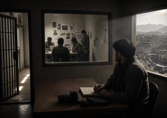 A man writes at a desk beside a camera, while several uniformed people meet in a room behind him