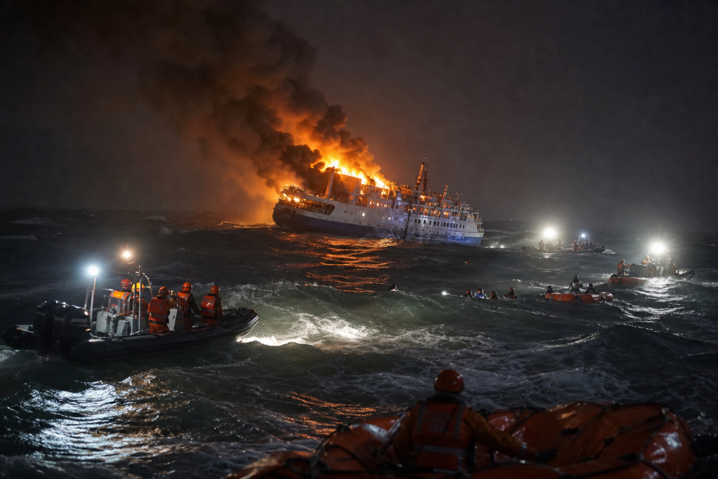 A passenger ship burns at sea as rescue boats approach through rough waves