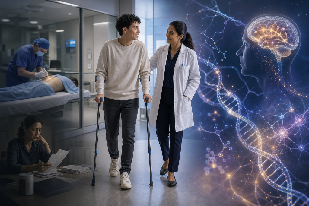 A patient using crutches walks with a doctor in a hospital beside glowing brain and DNA imagery
